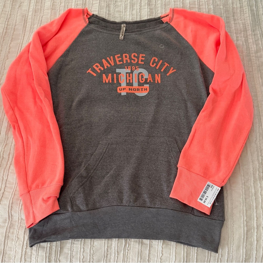 Vintage - Traverse City Michigan Stretched Neck Sweatshirt - Charcoal & Orange